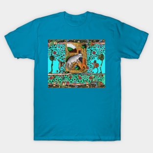 WEIRD MEDIEVAL BESTIARY MAKING MUSIC, Cat Playing Organ,Harpist Rabbit,Snail Cat in Teal Blue T-Shirt